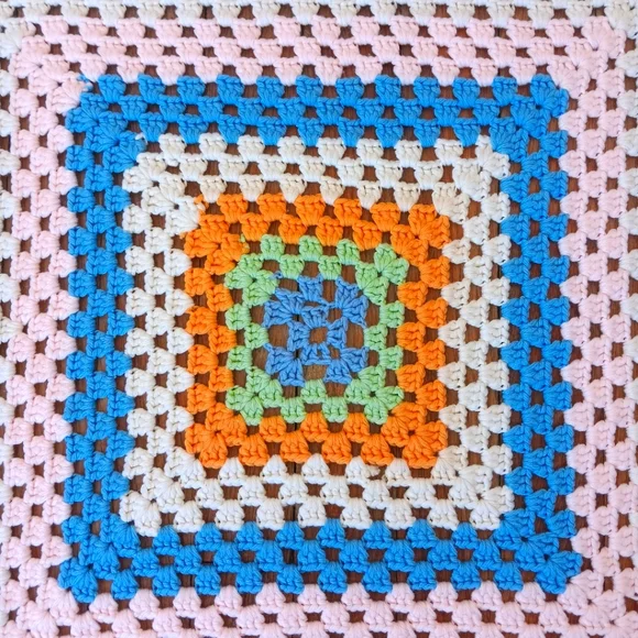 Vintage Hand Crafted Crochet Multicolor Granny Square Baby Blanket Throw - Picture 4 of 5